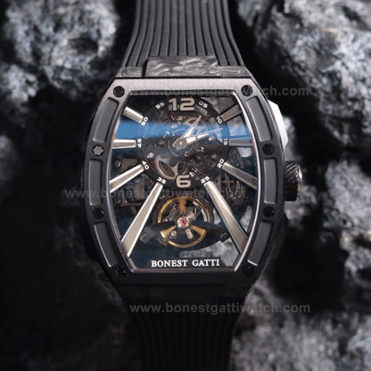 BONEST GATTI  Carbon fiber+fine Steel Case Barrel shaped sapphire crystal watch Skeleton Movement Watch BG9950