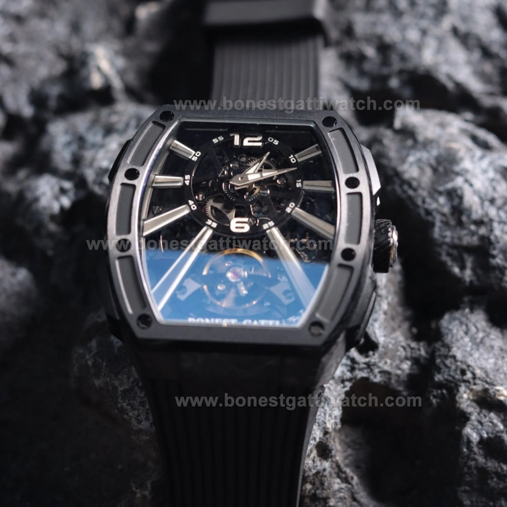 BONEST GATTI  Carbon fiber+fine Steel Case Barrel shaped sapphire crystal watch Skeleton Movement Watch BG9950