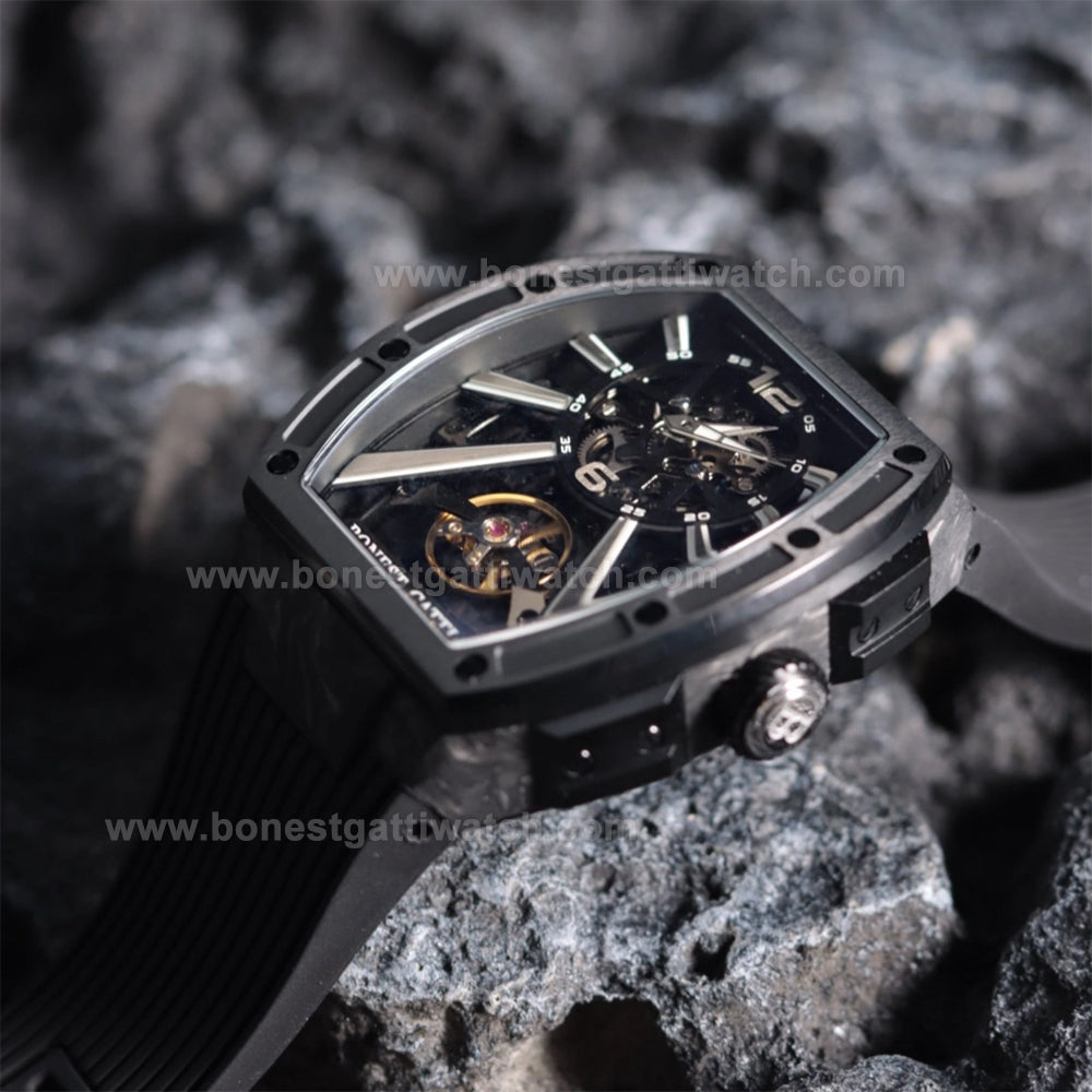 BONEST GATTI  Carbon fiber+fine Steel Case Barrel shaped sapphire crystal watch Skeleton Movement Watch BG9950