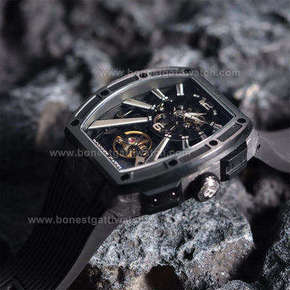 BONEST GATTI  Carbon fiber+fine Steel Case Barrel shaped sapphire crystal watch Skeleton Movement Watch BG9950