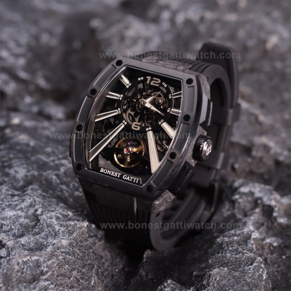 BONEST GATTI  Carbon fiber+fine Steel Case Barrel shaped sapphire crystal watch Skeleton Movement Watch BG9950