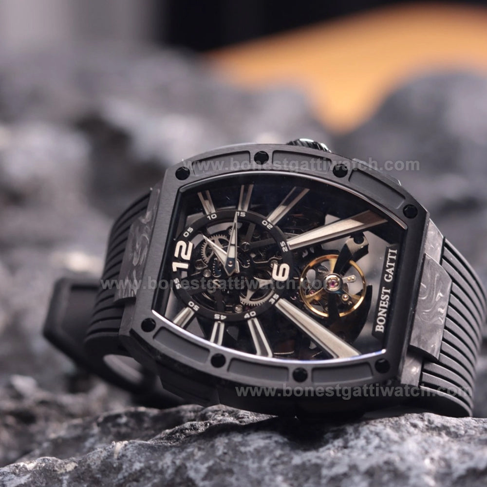 BONEST GATTI  Carbon fiber+fine Steel Case Barrel shaped sapphire crystal watch Skeleton Movement Watch BG9950