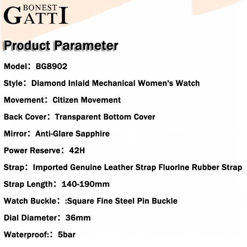 BONEST GATTI Automatic Citizen Movement Star Dial Diamond Bezel Women's Automatic Mechanical Watch BG8902