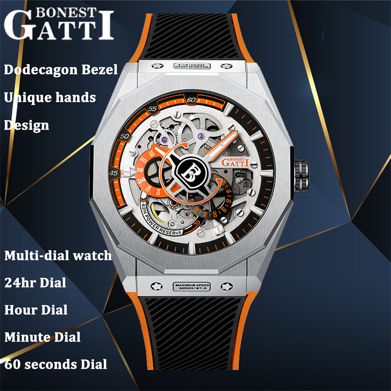 BONEST GATTI Roud Shaped Case CITIZEN Movement Automatic Mechanical Watch Luminous Multi-dial 42h Rubber Strap GB7601-A