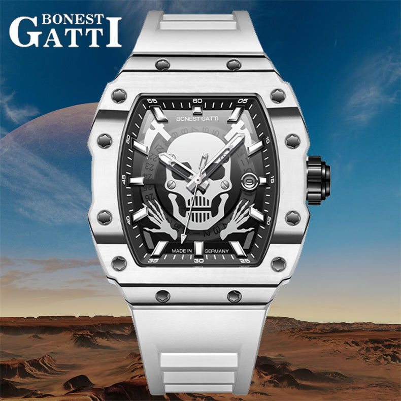 BONEST GATTI Carbon Fiber Titanium Alloy Automatic Skeleton Movement Barrel Shaped Case Luminous Skull BG9909