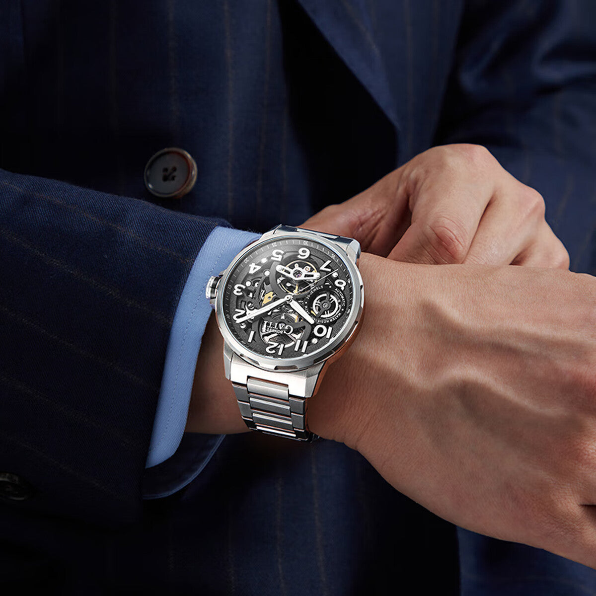 BONEST GATTI Automatic Skeleton Watch Self Wind Movement Sapphire Crystal Luminous Watch BG8010