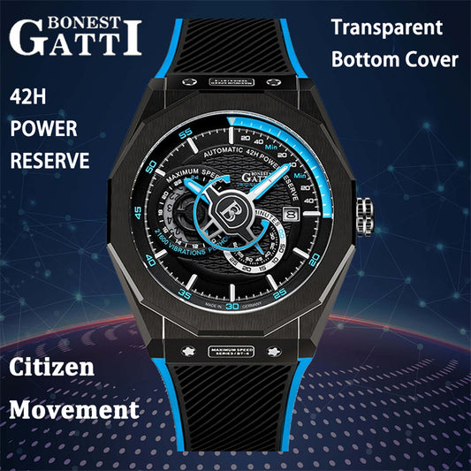 BONEST GATTI CITIZEN Movement Transparent Cover Roud Shaped Case  Automatic Mechanical Watch Luminous 42h Rubber Strap GB8601-A