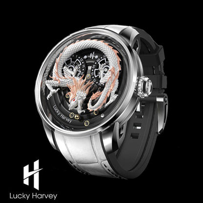 Lucky Harvey White/Black Dragon Automaton Automatic Watch 999 Gold Bead Luminous