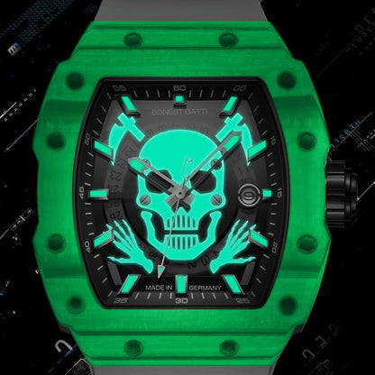 BONEST GATTI Carbon Fiber Titanium Alloy Automatic Skeleton Movement Barrel Shaped Case Luminous Skull BG9909