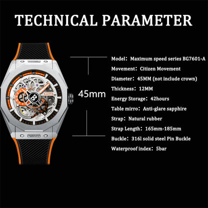 BONEST GATTI Roud Shaped Case CITIZEN Movement Automatic Mechanical Watch Luminous Multi-dial 42h Rubber Strap GB7601-A