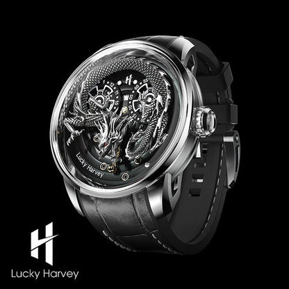 Lucky Harvey White/Black Dragon Automaton Automatic Watch 999 Gold Bead Luminous