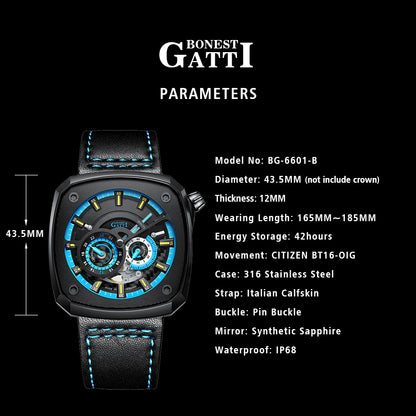 BONEST GATTI  CITIZEN BT16-OIG Automatic Movement Crystal Sapphire Square shaped Case Luminous BG6601-B