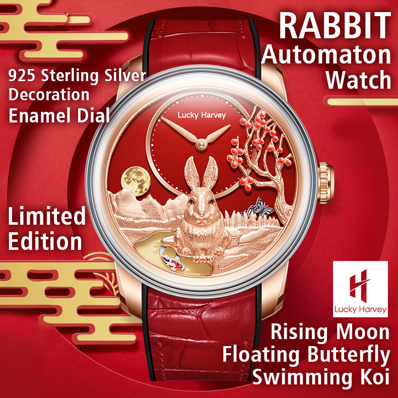 LUCKY HARVEY Rabbit Automaton Watch Round shaped Case Luminous Limited ...