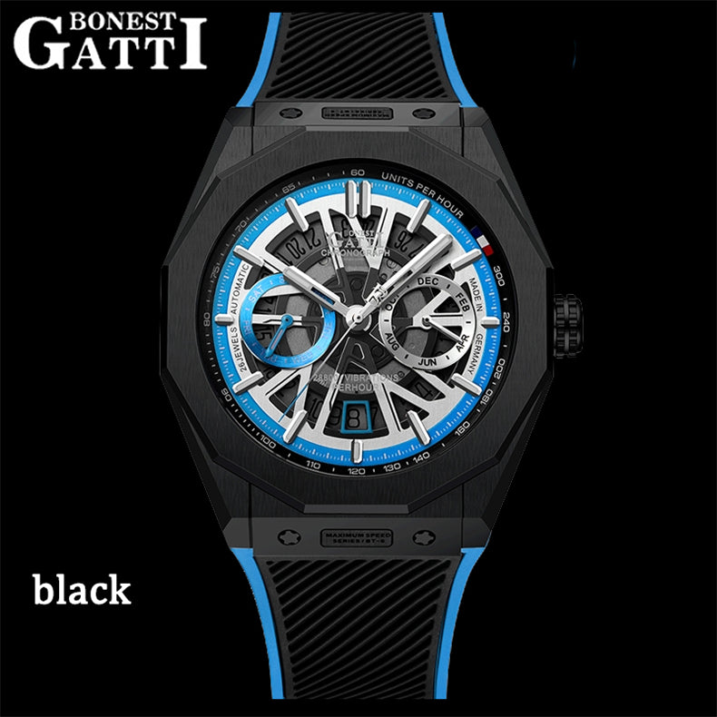 BONEST GATTI Men's Watch CITIZEN Movement Automatic Mechanical Watch Transparent Cover Roud Shaped Case Luminous 42h Rubber Strap GB9601-A