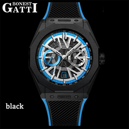 BONEST GATTI Men's Watch CITIZEN Movement Automatic Mechanical Watch Transparent Cover Roud Shaped Case Luminous 42h Rubber Strap GB9601-A