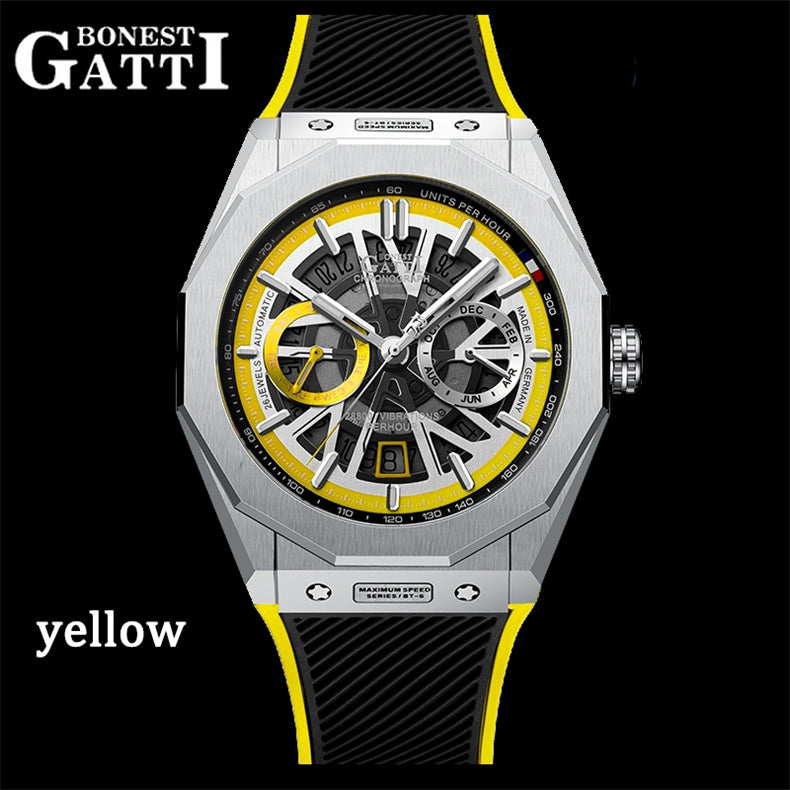 BONEST GATTI Men's Watch CITIZEN Movement Automatic Mechanical Watch Transparent Cover Roud Shaped Case Luminous 42h Rubber Strap GB9601-A