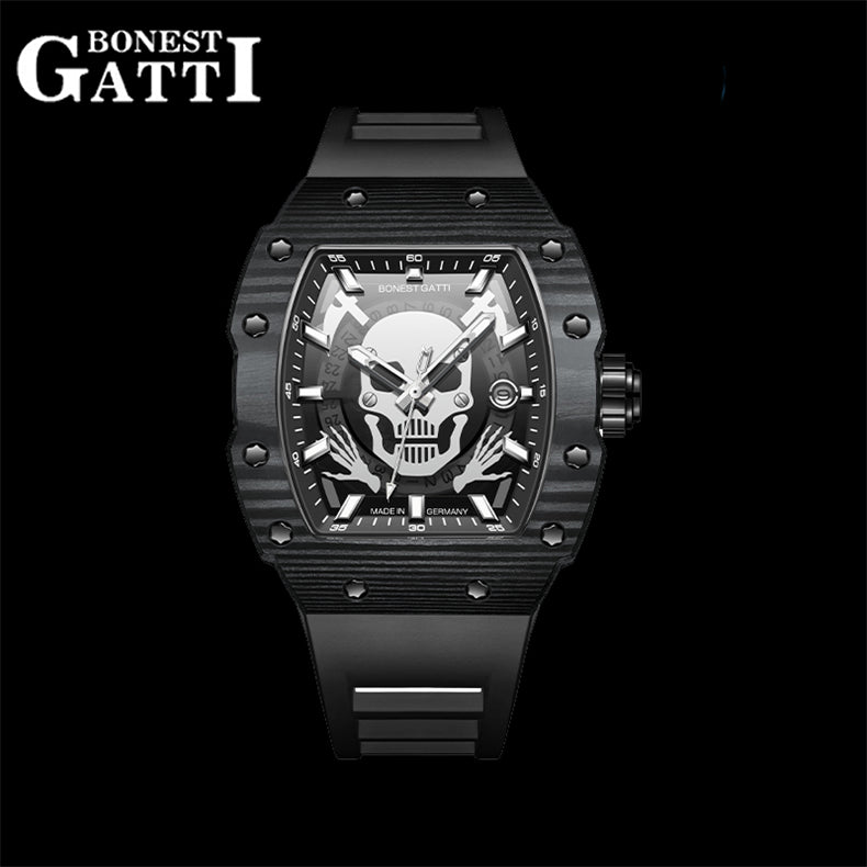 BONEST GATTI Carbon Fiber Titanium Alloy Automatic Skeleton Movement Barrel Shaped Case Luminous Skull BG9909