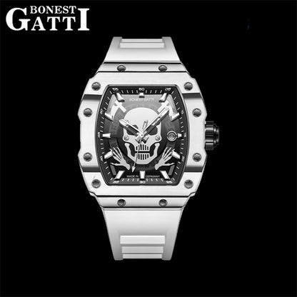 BONEST GATTI Carbon Fiber Titanium Alloy Automatic Skeleton Movement Barrel Shaped Case Luminous Skull BG9909